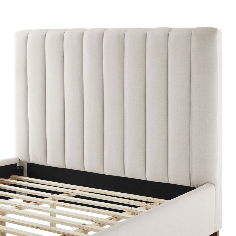 Modern Upholstered Platform Bed Frame With Headboard, White, Queen