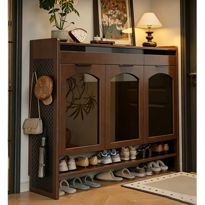 Freestanding Retro Style Engineered Wood Shoe Cabinet Decorative Arched Glass Panel Ample Storage Space Household Storage Furniture For Narrow And Wide Entrance