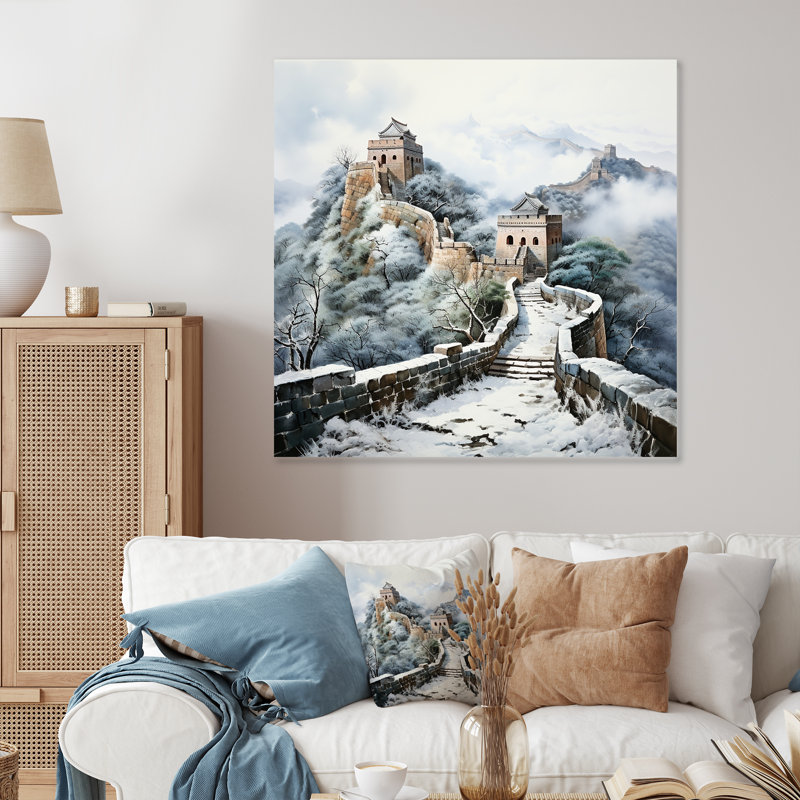 Grande muraille de Chine en hiver 1 - Art mural en porcelaine, H 16 po x l 16 po