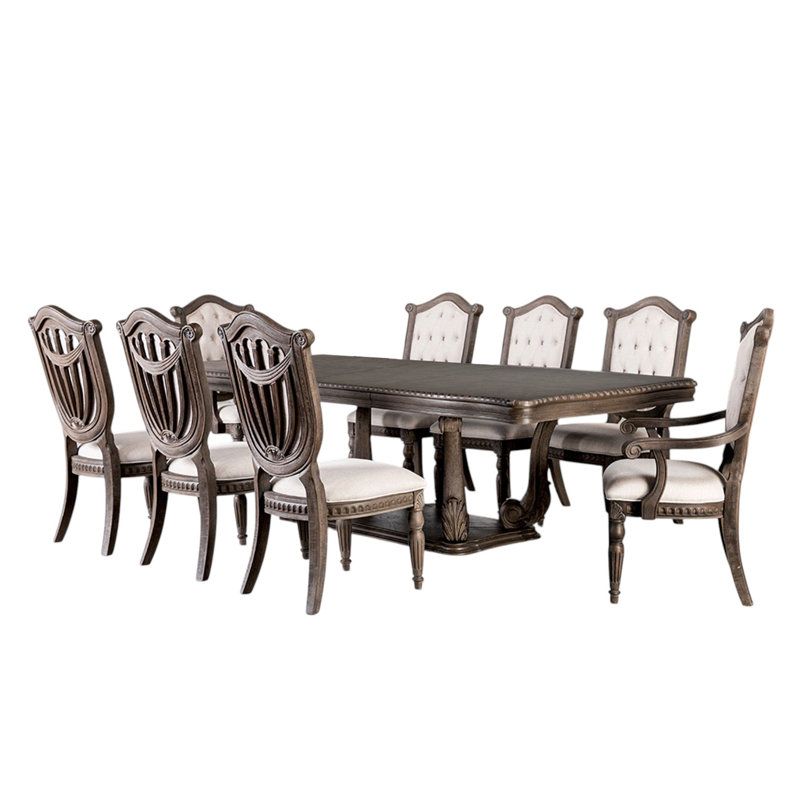 Table de salle à manger rectangulaire en bois avec siège rembourré en chêne vieilli et beige, 9