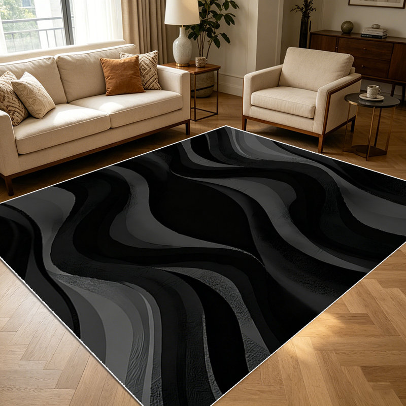 1PC Black and Gray Wavy Abstract area rugs for Living Room, Soft and Comfortable, Suitable for all seasons, easy-to-maintain, machine washable Indoor floor mat, Under Table Farmhouse suitable for kitchen, dining room, bedroom, entryway, home office,