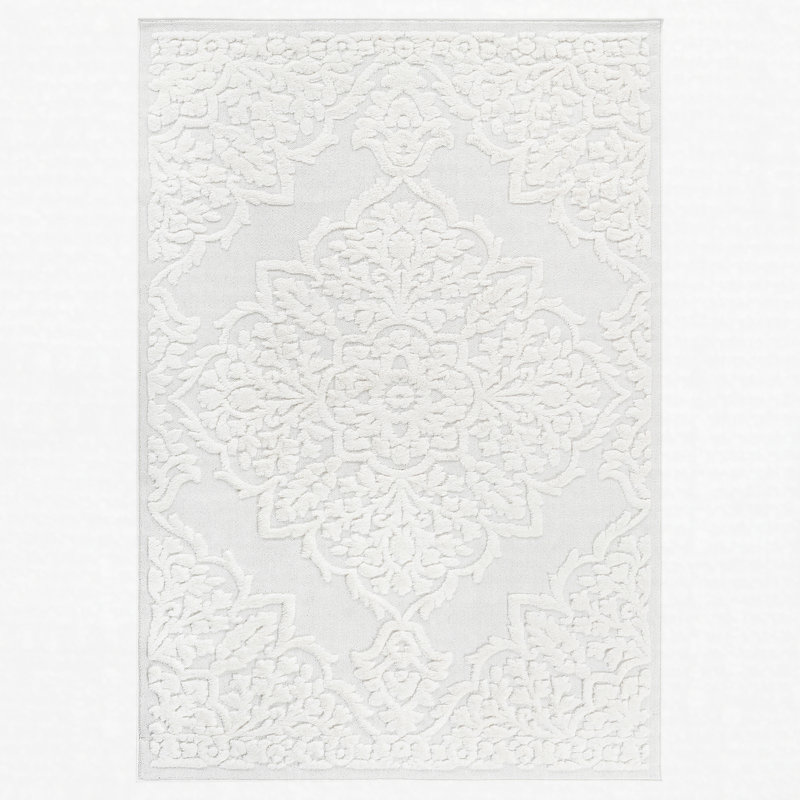 High-Low Medallion Area Rug Polypropylene Stain Resistant Non-Shedding Cream 5'3" x 7'6", Rectangle 5'3" x 7'6"