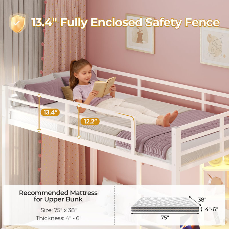 Twin Over Full Bunk Bed With Desk, Charging Station, Led Lights, Storage Drawers And Shelves, White, Twin, White