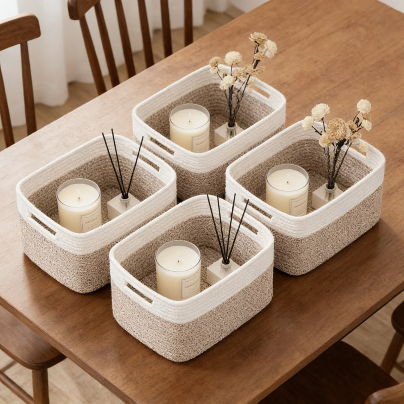 Woven Storage Baskets 4-Pack With Handles, Foldable Fabric Organizer Bins For Shelves, Closet, And Home Organization, Natural Cotton Material