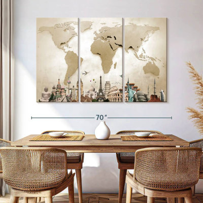 Neutre carte du monde sur toile en acier 3 pièces