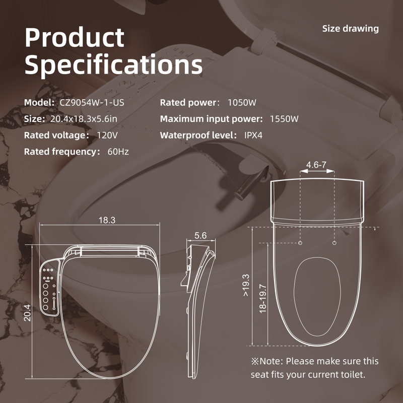 Smart Heated Bidet Toilet Seat, 120V Outlet Required, Elongated, Easy Installation, Self Cleaning Nozzle, Instant Warm Water & Air Dryer, Soft Close, Night Light