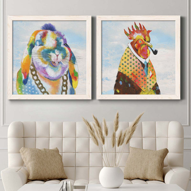 Groovy Bunny and Sky - Ensemble de 2 peintures sur toile encadrées, Cadre blanc, H 27,5 po x l 55 po x P 1,5 po