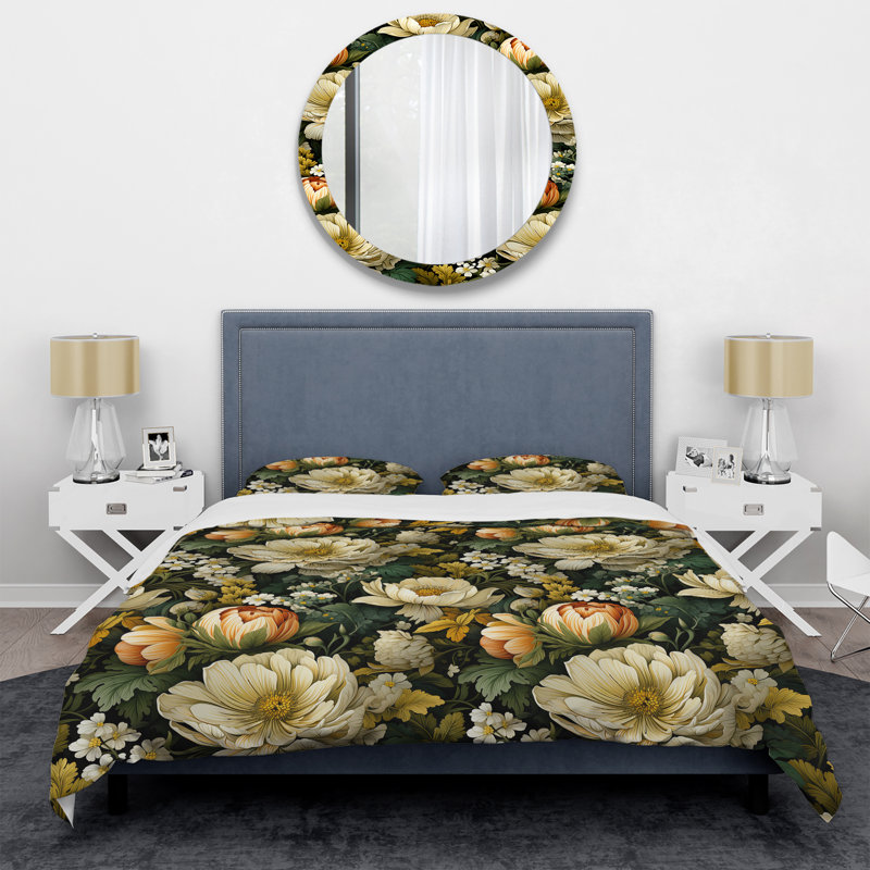 Literie Earthy Greens Chrysanthemum, Housse de couette pour grand lit et 2 taies décor