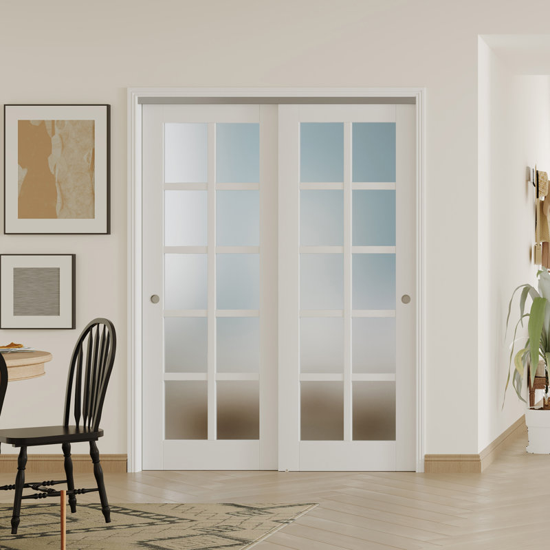 2 portes intérieures en panneau de fibres à densité moyenne avec quincaillerie en aluminium - 10 panneaux coulissants en verre givré Lite style blanc moderne