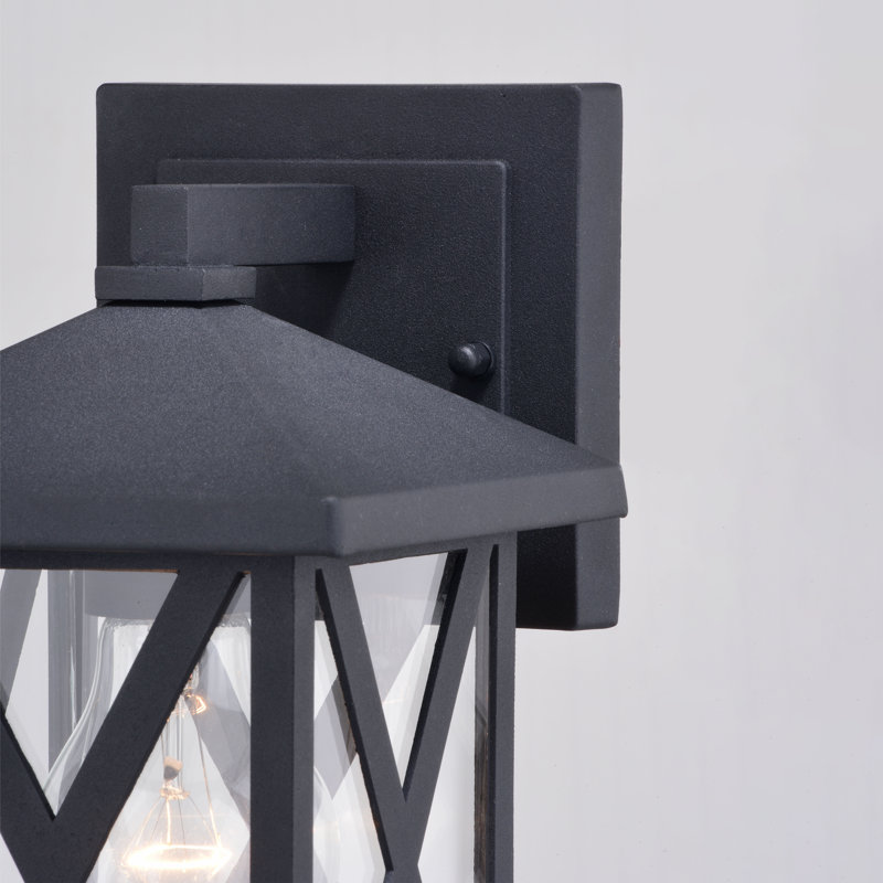 Rockford 8.75 in. H 1-Light Textured Black Outdoor Wall Sconce made of Rust-Resistant Aluminum, Clear Glass Shade, LED Compatible, Use for Exterior Porch Patio Front Door or Garage