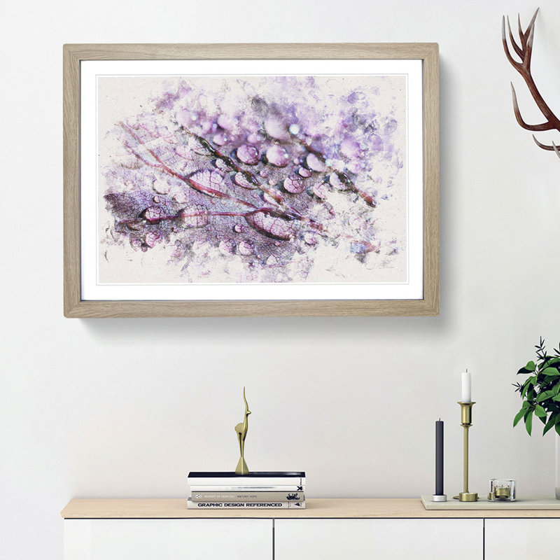 Dewdrops Upon A Lilac Leaf - Single Picture Frame Painting on MDF, Oak Framed, 24cm H x 33cm W x 2cm D