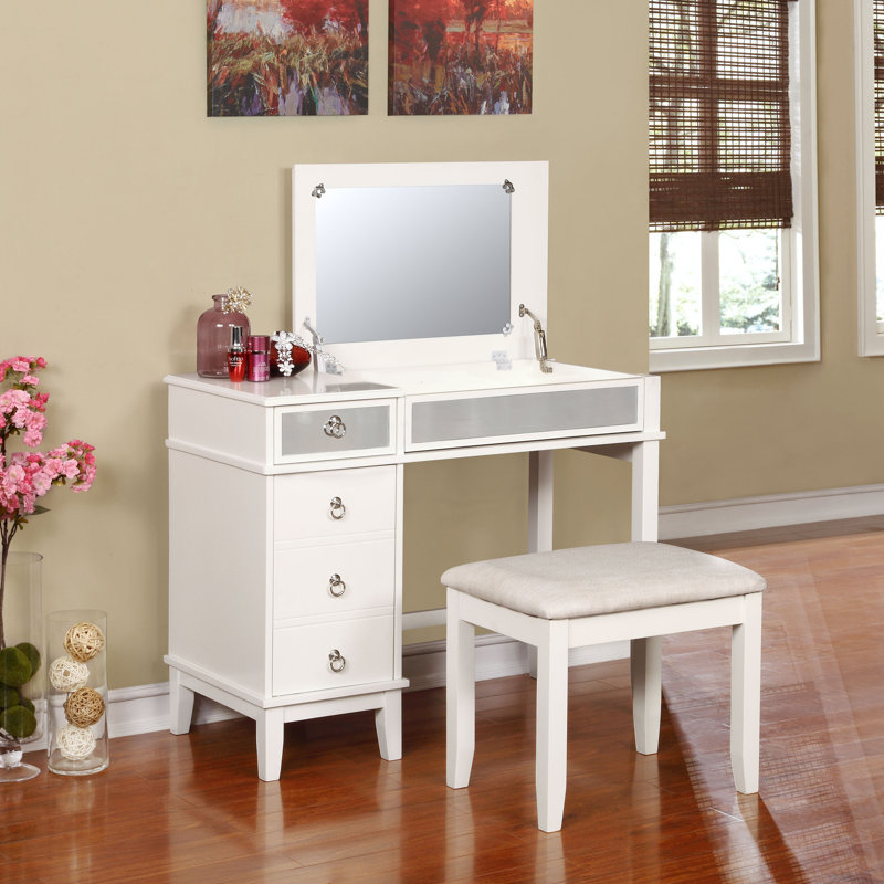 Ensemble de coiffeuse décoratif à plusieurs tiroirs avec tabouret rembourré Dangeras, Blanc