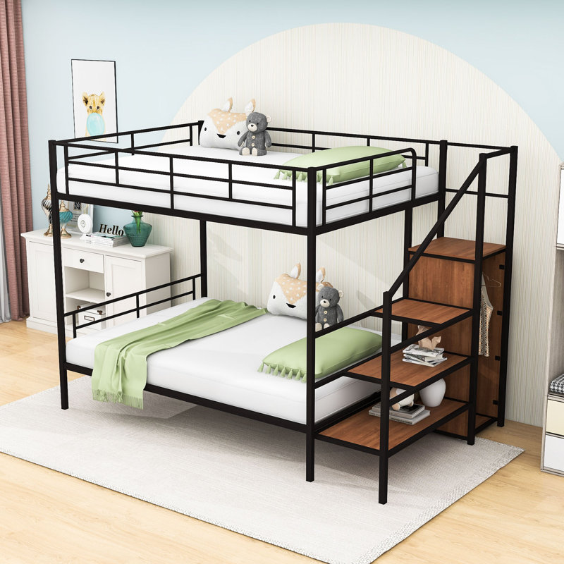 Bunk Bed With Integrated Stair Shelves And Underbed Wardrobe, Black, Full Over Full