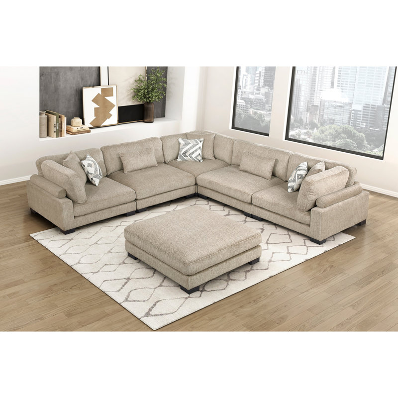 Canapé modulaire brun contemporain 6 pièces avec repose-pieds et coussins moelleux rembourrés en bois massif