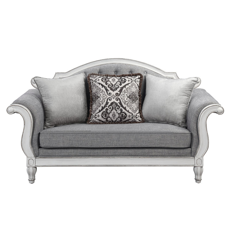 Causeuse Florian en tissu gris et blanc antique avec 3 coussins