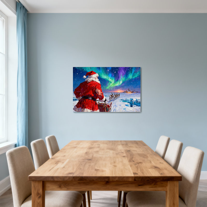 Noël, père Noël, traîneau, renne, aurore, ciel, paysage d'hiver, H 16 po x l 24 po