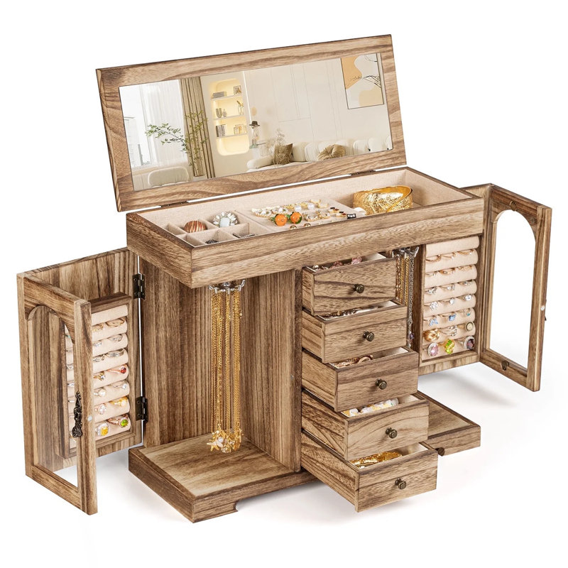 Jewelry Box, Wooden Jewelry Organizer Box With Mirror, Brown