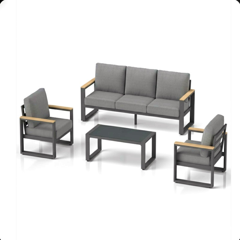 All-Weather 4-Piece  Aluminum Patio Furniture Set, 5-Seat Conversation Sofa With 10 Inches Extra Thick Back Cushions And Glass Table