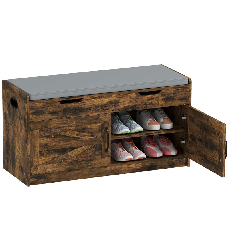 Banc à chaussures, banc d'entrée avec rangement, siège rembourré, brun rustique, Brun rustique