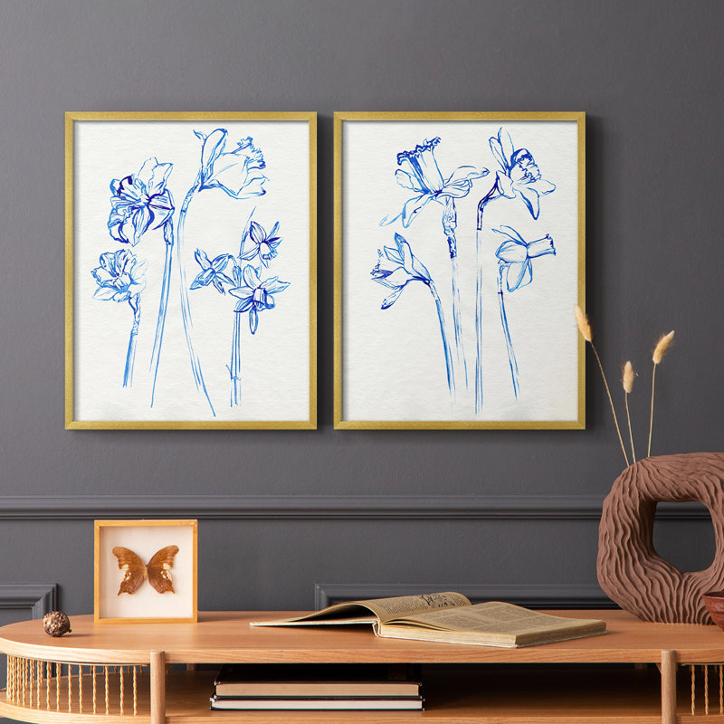 Inky Daffodils I - reproduction encadrée de qualité supérieure - prête à être accrochée - aucun clou requis - aucun clou requis