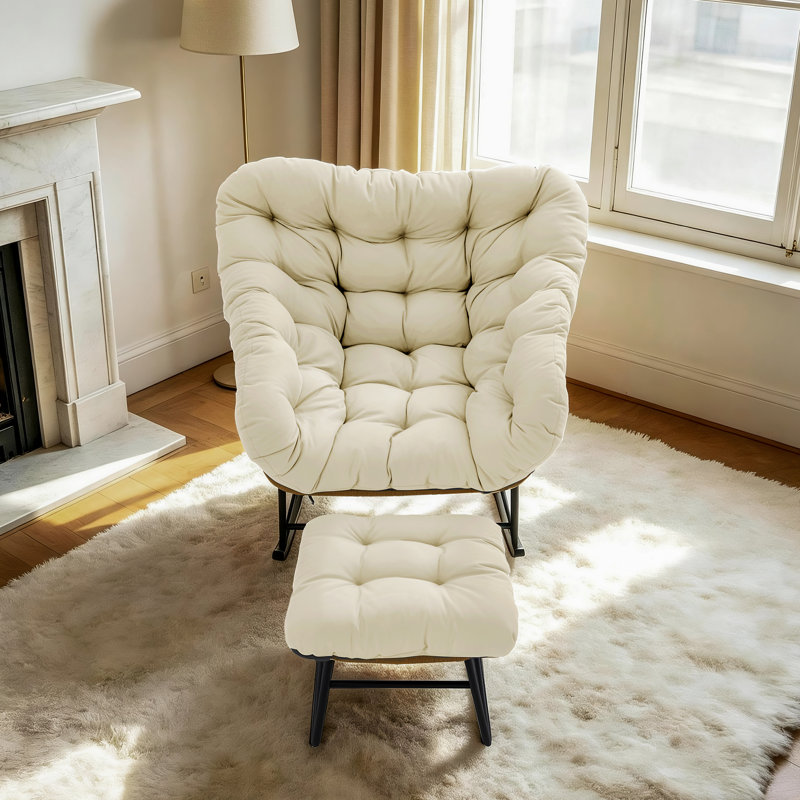 Fauteuil à bascule Papasan d'extérieur surdimensionné avec repose-pieds et coussins, Beige