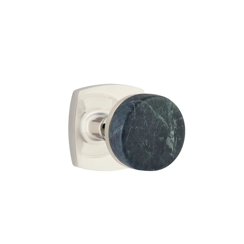 Mortaise intérieure Emtek Select avec rosette urbaine moderne et tige conique, bouton en marbre vert (droite), Nickel poli