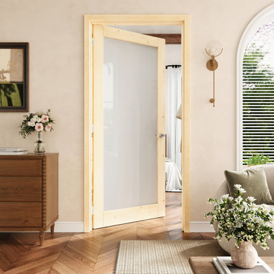 30" x 80" 1-Lite Pine Wood & Frosted Glass Interior Prehung Door with Silver Hinges, Privacy Glass Door Slab with Frame, Interior Door as Pantry Door, Bedroom Door, Laundry Door, Closet Doors, Room Doors, Left Hand