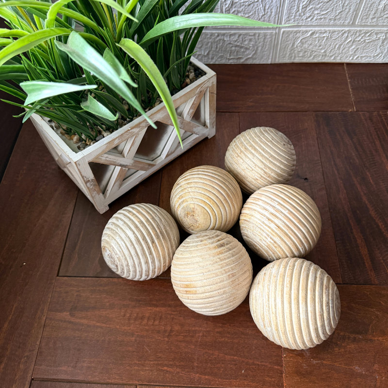 Boules décoratives en bois côtelé naturel, style ferme côtière, ensemble de 6, pour remplir les bols, 10 cm de diamètre