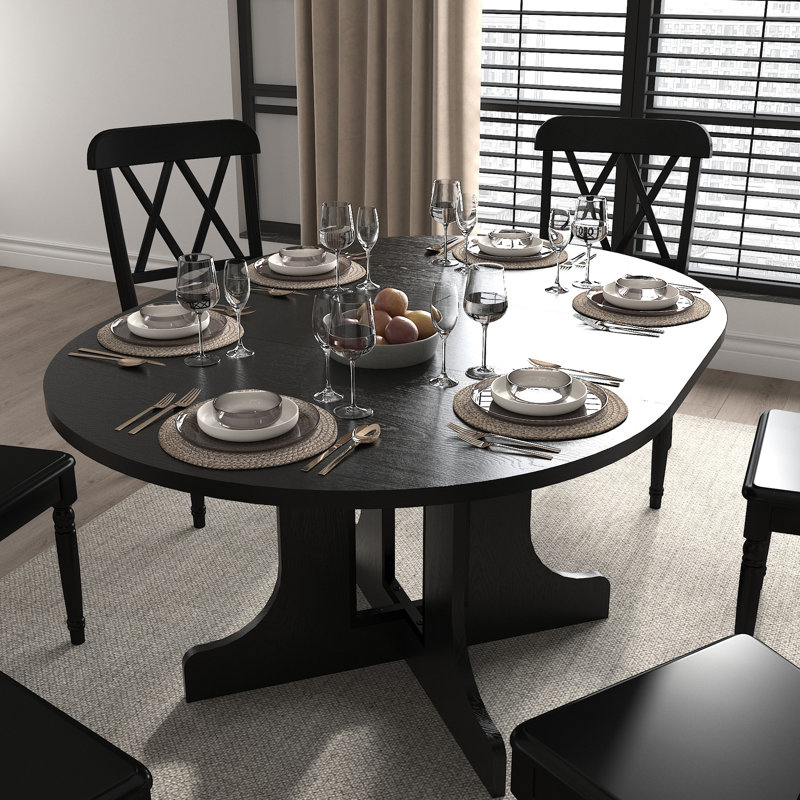 Table de salle à manger ovale noire pour la cuisine, extensible 59 po x 43 po, rallonge amovible, base en tréteau en forme de X, peut accueillir 6 personnes avec rallonge de cuisine, structure, sièges