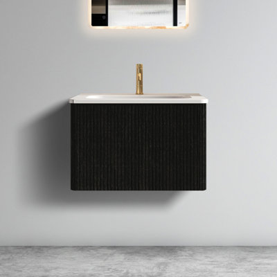 Meuble-lavabo flottant 24 po - chêne noir brossé rayé, lavabo en céramique blanche finition chêne sophistiqué, magnétisme