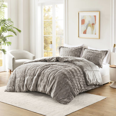 2 Pcs Twin/twin Xl Solid Faux Fur Comforter Mini , Gray Color, Stylish Brushed Fur, Filling, Soft Mink Reverse, Shams With - Inch Flange, 90"l Length 6d Fiber Filling