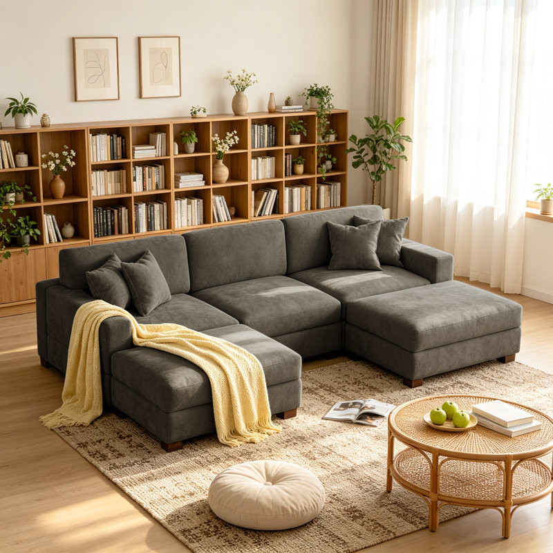 Canapé modulaire en chenille 5 pièces 5 pièces, Chenille chameau, H 33,4 po x l 117 po x P 68,3 po