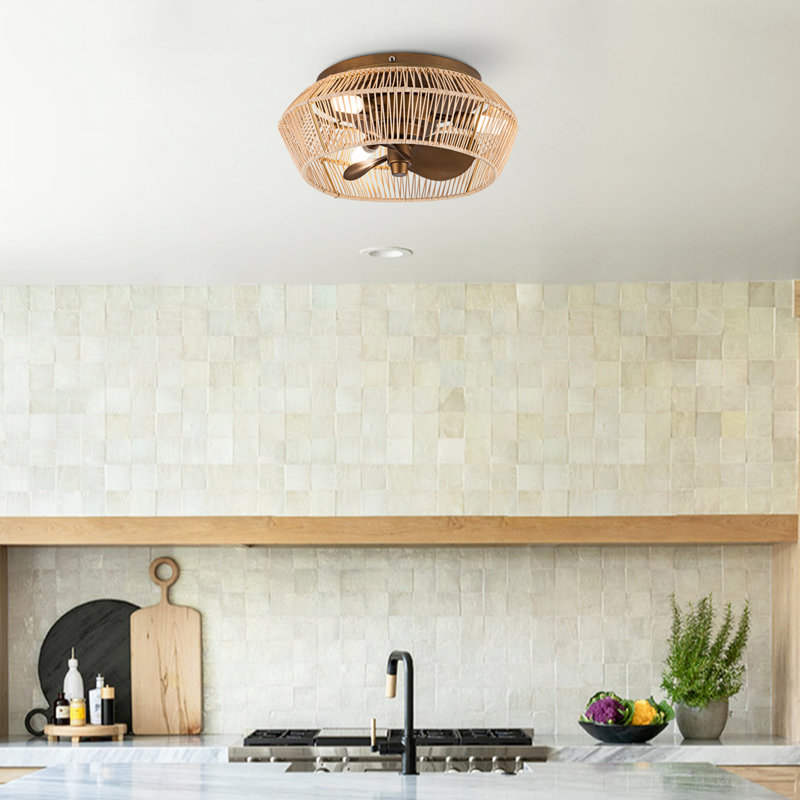 Borup 13.5" Boho Rattan Caged Ceiling Fan with Lights and Remote Control