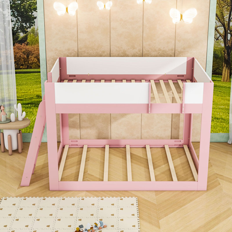 Lit superposé en bois avec échelle réversible et garde-corps, Double sur double, Rose