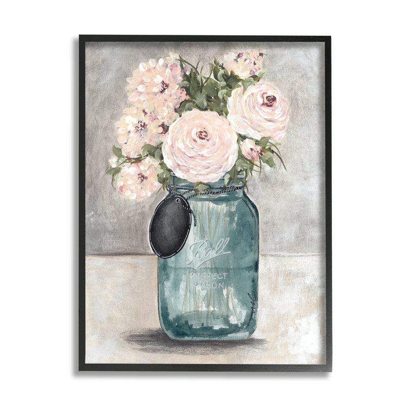 «Round Pink Blossoms Rustic Country Jar Vase» par Julie Norkus - peinture sur toile à cadre flottant