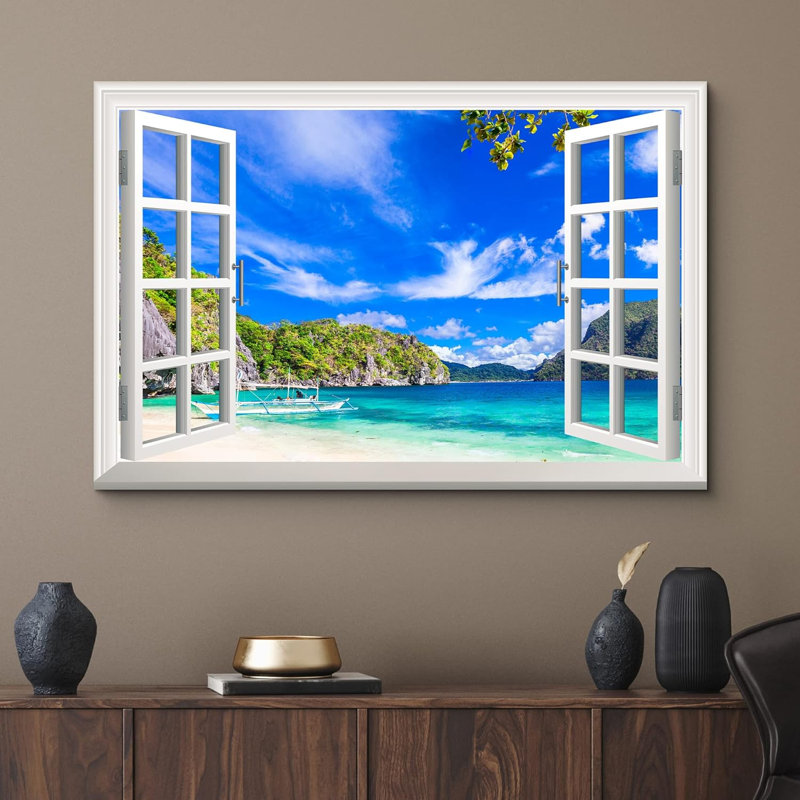 Fenêtre, paysage, belle plage à El Nido, Palawan, Philippines - impression sur toile tendue, H 12 po x l 18 po