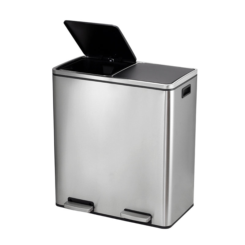 Silver Stainless SteelKitchen Waste System,Recycling Pedal Bin with Double Compartments,2x30L Double Bin for Recycling and Waste with 2Pedal