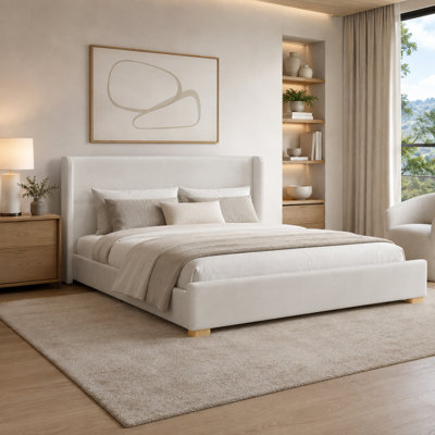 Wingate Upholstered Velvet Platform Queen Bed with Tall Wingback Headboard and Rubber Wood Legs