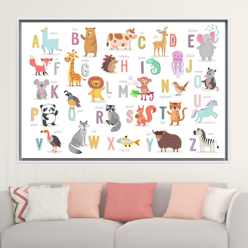 Toile imprimée: animaux de la jungle, alphabet pour enfants, toile blanche encadrée 1P, 59,1 po H x 102,4 po l