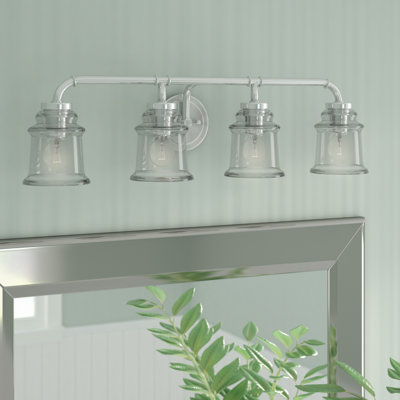 Akini 4-Light 30.5 inch Wide Satin Nickel Industrial Bathroom Vanity Lighting Fixture, Clear Glass Shade, Dimmable, LED Compatible, Over the Mirror Mounted Steel Wall Sconce