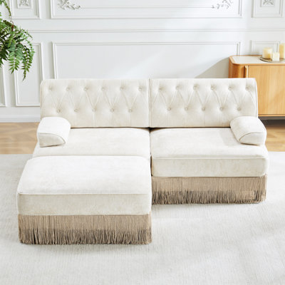 Tissu en velours confortable en L respirant, jupe à pampilles style Chesterfield, combinaison libre, accoudoirs carrés légèrement courbés, base en bois de qualité supérieure, facile à assembler, pour le salon, la chambre à coucher