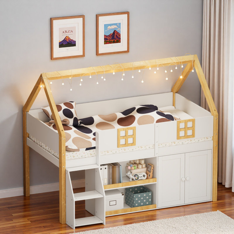 Lit mezzanine bas avec tablettes, armoires et lumières à DEL, Lit simple