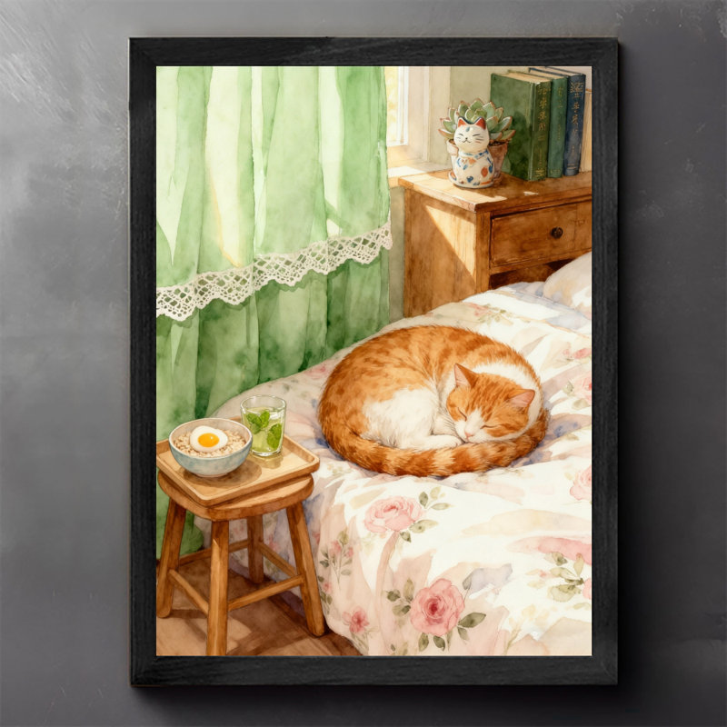 Reproduction d'art encadré noir, rétro, chat chaud, thé d'après-midi, H 37 po x l 25 po
