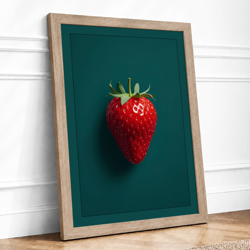Strawberry in Focus Minimalist - Framed Print, A2 - 59.4 x 42.0 cm, Oak