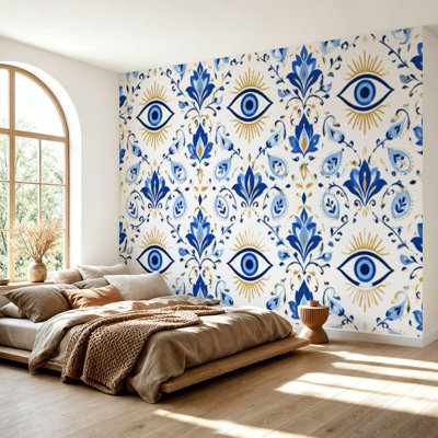 Wall Mural Peel and Stick Wallpaper Evil eye seamless Magic occult symbol line art collection Hamsa eye Self-Adhesive Removable Contact Paper Wall Decor for Living Room Bedroom 69"H x 96"W