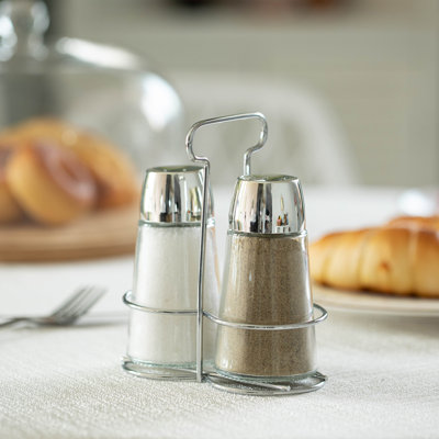 Basicwise Multifunctional Glass Salt And Pepper Shaker Set With Stainless Steel Holder - Perfect For Kitchen Counters, Kitchen Tables, Dining Tables, And Restaurants, Featuring A Refillable Design