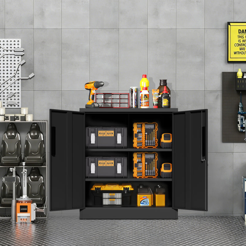 Metal Storage Cabinet with Lock, 2-Door Garage Storage Cabinet with 2 Adjustable Shelves, Heavy Duty Steel File Cabinet for Home, Office, Garage, School (Black, 35.4"H)