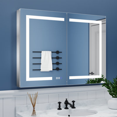 LED Surface/Recessed Mount Frameless Medicine Cabinet with Mirror  and Adjustable Shelves, Outlet, USB