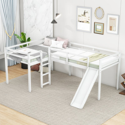 Lit mezzanine simple en L avec échelle et toboggan, blanc, lit mezzanine pour enfant peu encombrant pour la chambre à coucher