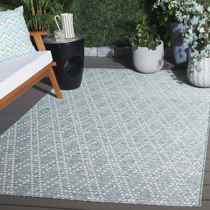 Nilteen 850 Polypropylene/Polyester Geometric Indoor/Outdoor Rug in Aqua/Beige, Rectangle 9' x 12'